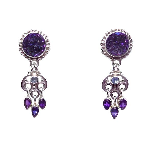 Sajen Sterling Silver Druzy Aquamarine Amethyst & Tanzanite Dangle Drop Earrings - Picture 2 of 9